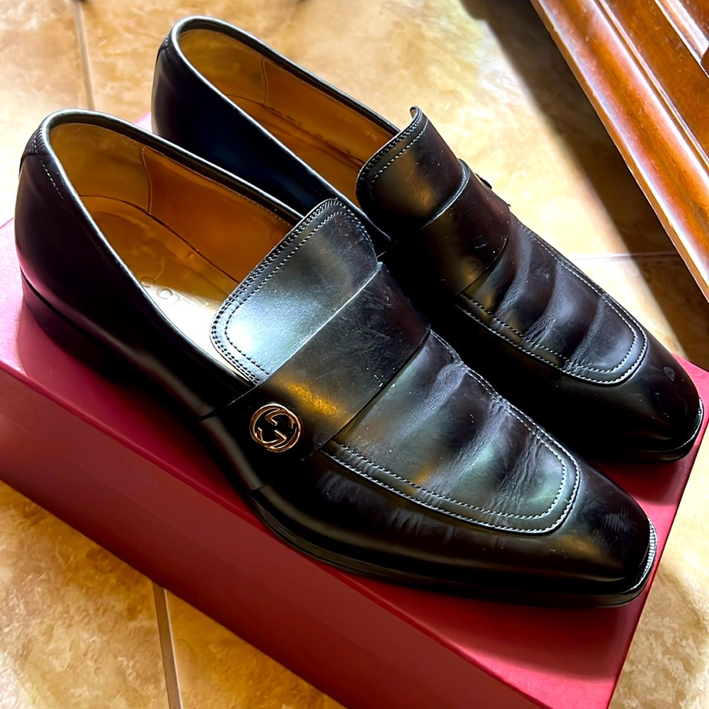 Gucci Black Leather Men’s Luxury Loafers, Re-Soled, Size 8.5, Made in Italy